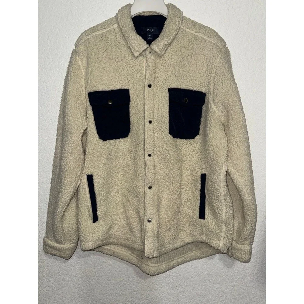 1901 Sherpa Fleece Shirt Jacket XL Cream Snap Front Overshirt
